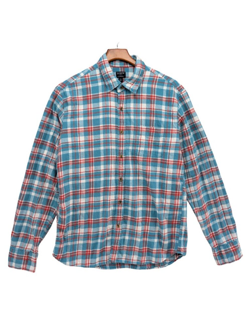J.CREW Plaid Flannel Shirt Mens Aqua Blue Red Long Sleeve Button Down Size L